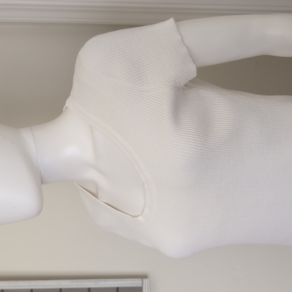 J. Crew Cotton Blend Cap Sleeve Scoop Neck White Rib Knit SzM EUC Like New